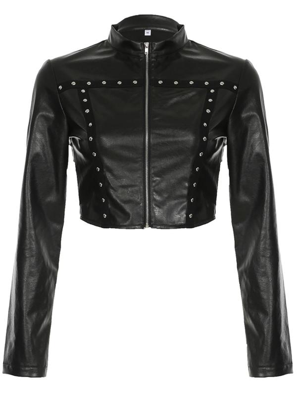 Women's Studded Decor Zip Up Crop PU Leather Jacket, Fashion Casual Mock Neck Long Sleeve Outerwear for Daily Outdoor Wear, Women Clothing for Fall & Winter